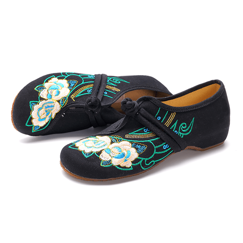 Women Lace up Cloth Chinese Embroidered Flower Flat Loafers - MRSLM