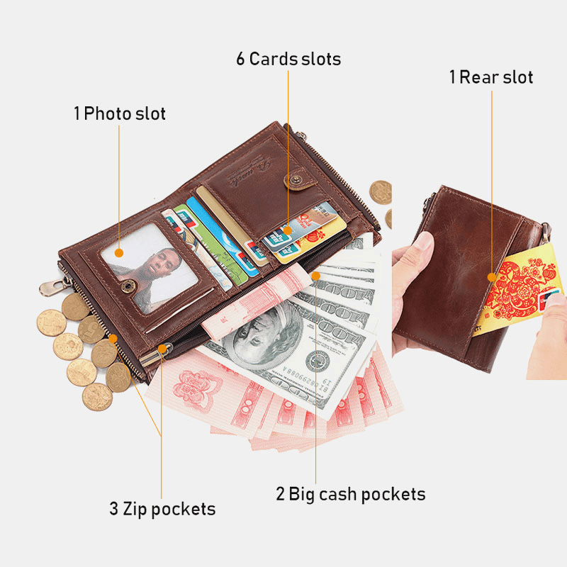 Men Short Bifold RFID Blocking Minimalist Wallet Retro Multi-Card Slot Card Holder Cowhide Driver'S License Wallet - MRSLM