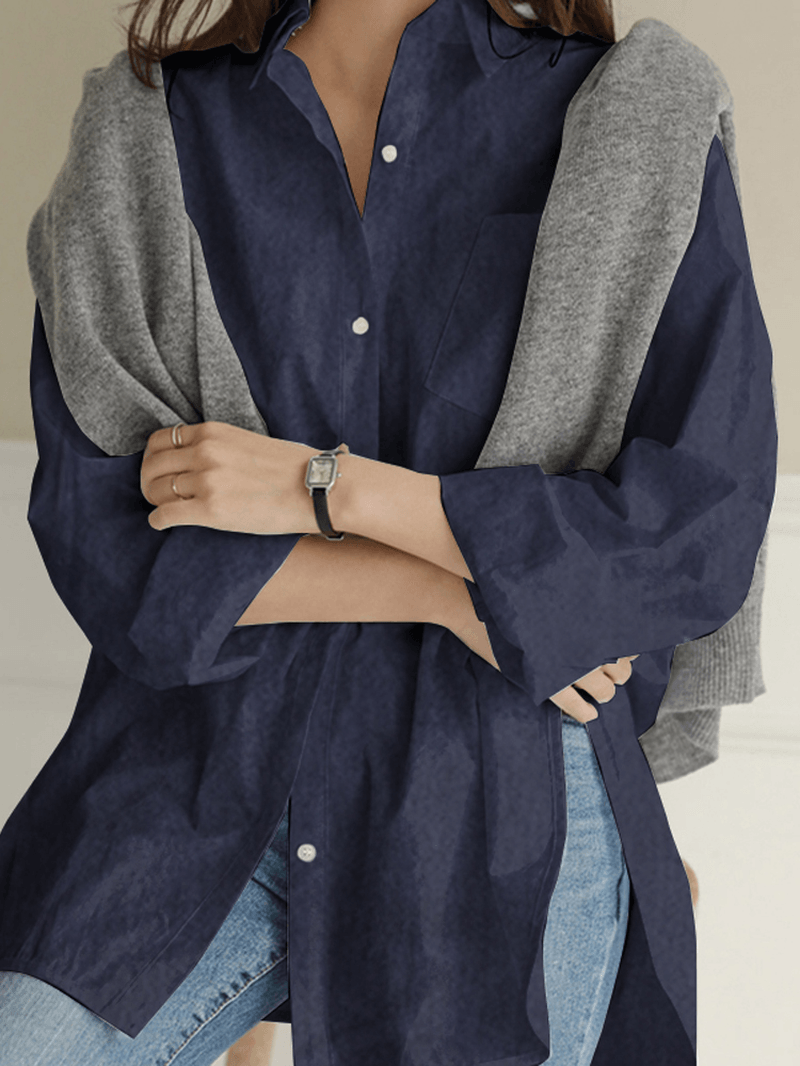 Women Solid Color Turn-Down Collar Blouse Irregular Hem Chest Pocket Splited Denim Shirts - MRSLM