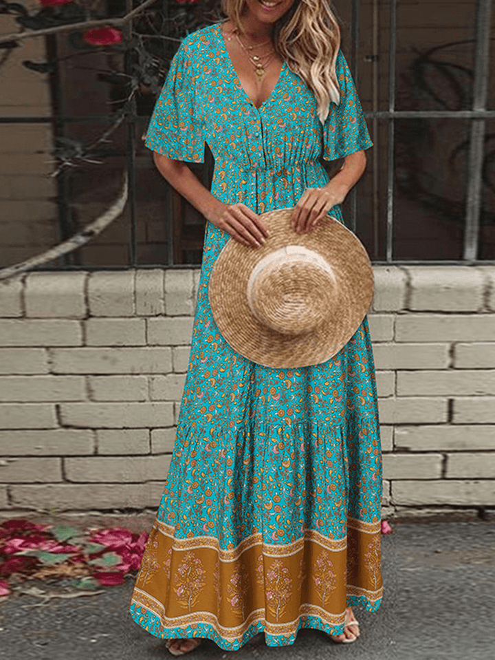 Retro Floral Print V-Neck Short Sleeve Elastic Waist Bohemian Holiday Maxi Dress - MRSLM