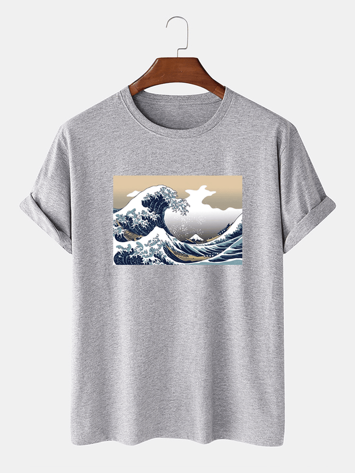 Mens Sea Wave Pattern Short Sleeve 100% Cotton Casual T-Shirts - MRSLM