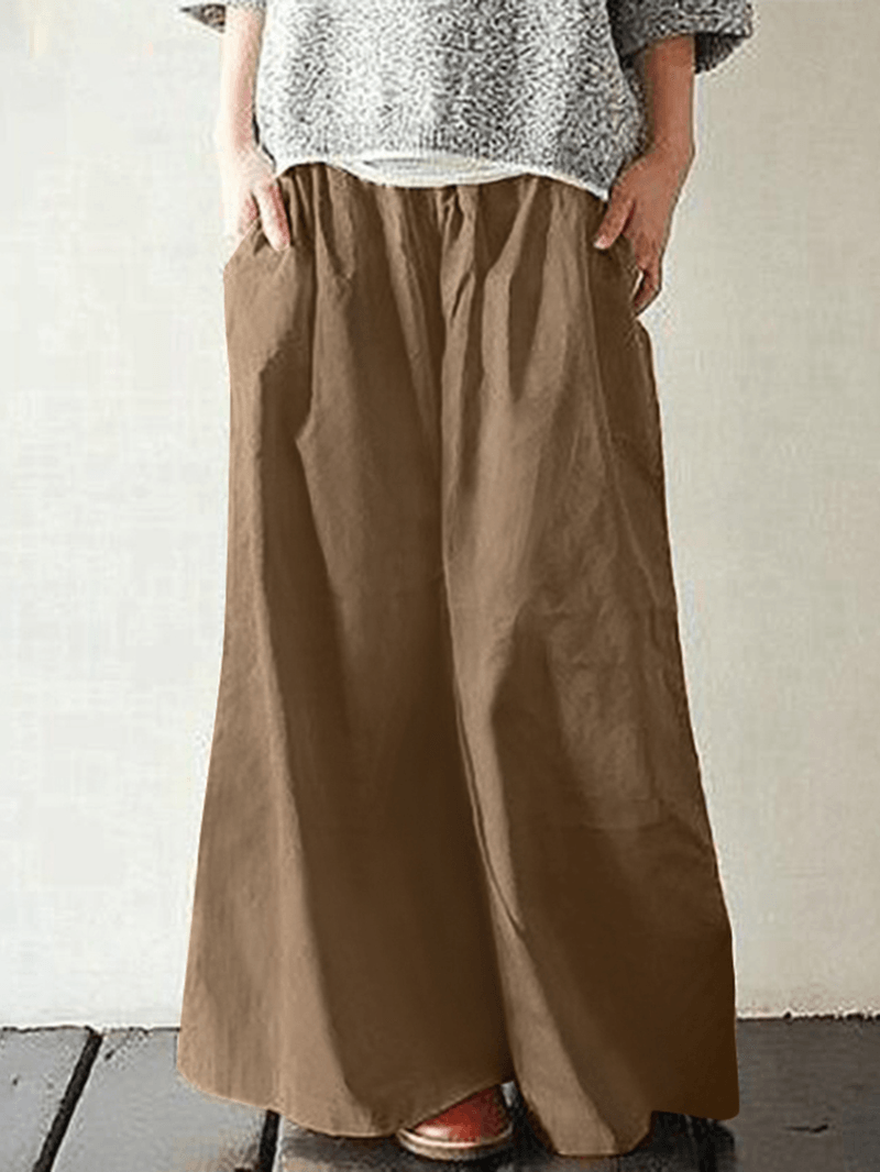 Women Cotton Pocket Elastic Waist Wide Leg Loose Casual Pants - MRSLM