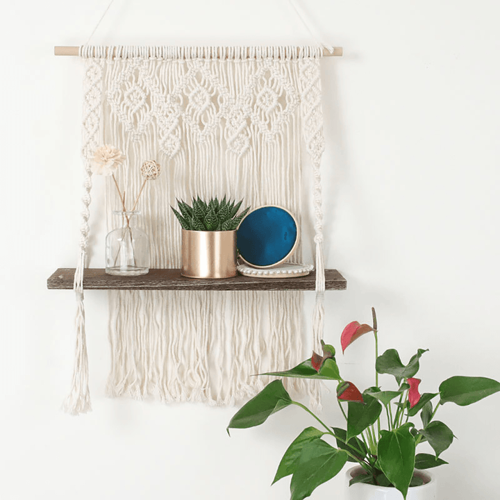 Macrame Plant Hanger Platform Basket Bohemian Hand Woven Tapestry Wood Pot Shelf - MRSLM