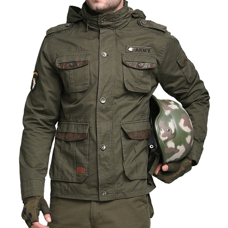 Tactical Army Military Style Multi Pockets Stand Collar Detachable Hood Outdoor Jackets for Men - MRSLM