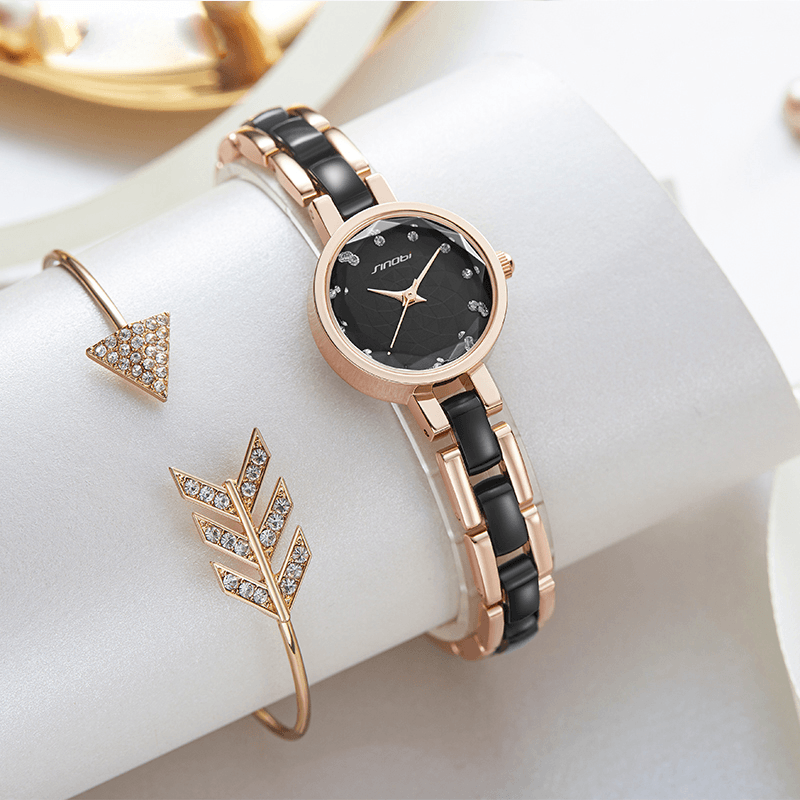 SINOBI 9836 Women Simple Three-Pin Crytal Diamonds Dial Fashion Ceramic Steel Strap Quartz Watch - MRSLM