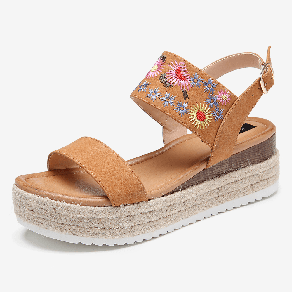 Women Espadrilles Embroidery Flowers Buckle Strap Slingback Platform Sandals - MRSLM