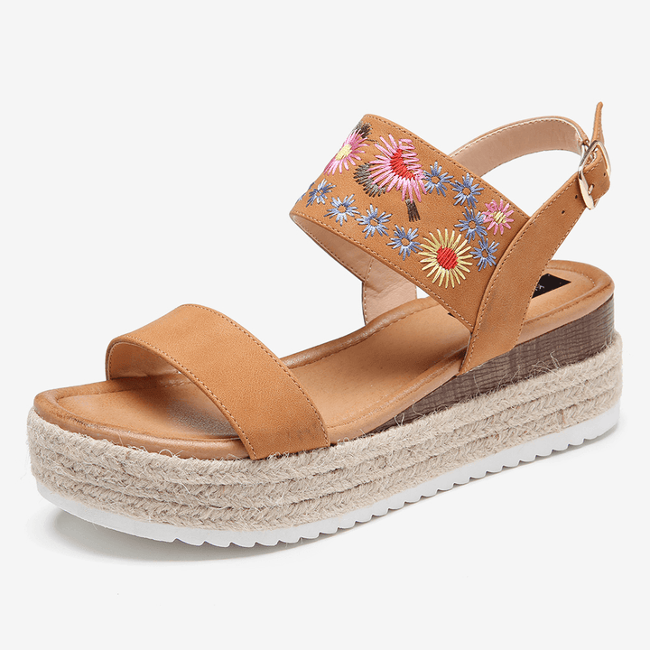 Women Espadrilles Embroidery Flowers Buckle Strap Slingback Platform Sandals - MRSLM