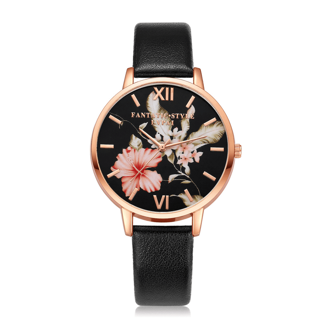 LVPAI Fashion Flower Pattern PU Leather Strap Womenwrist Watch Ladies Dress Quartz Watch - MRSLM