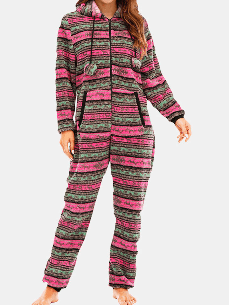 Women Christmas Fleece Striped Home Drawstring Long Sleeve One Sets Hooded Pajamas - MRSLM