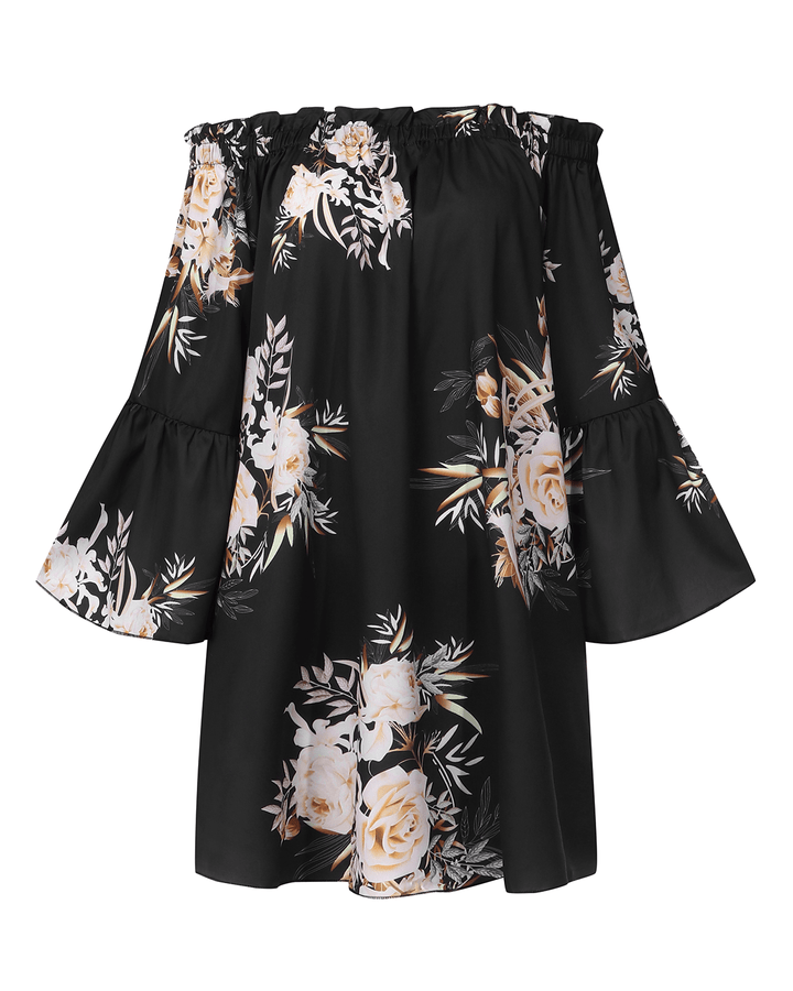 Women off Shoulder Floral Print Ruffle Sleeve Blouse Mini Dress - MRSLM