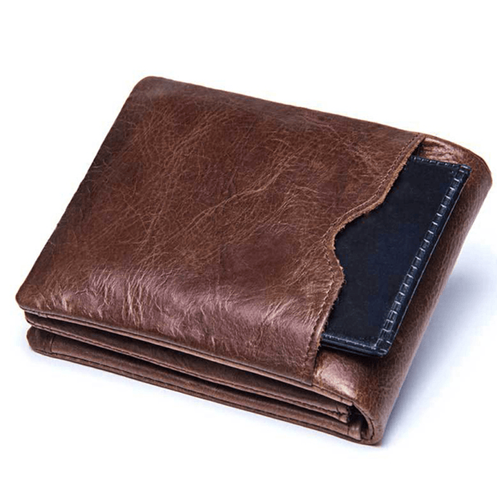 Men Genuine Leather Multifunctional Large Capacity Coin Bag 10 Card Slots Trifold Wallet - MRSLM