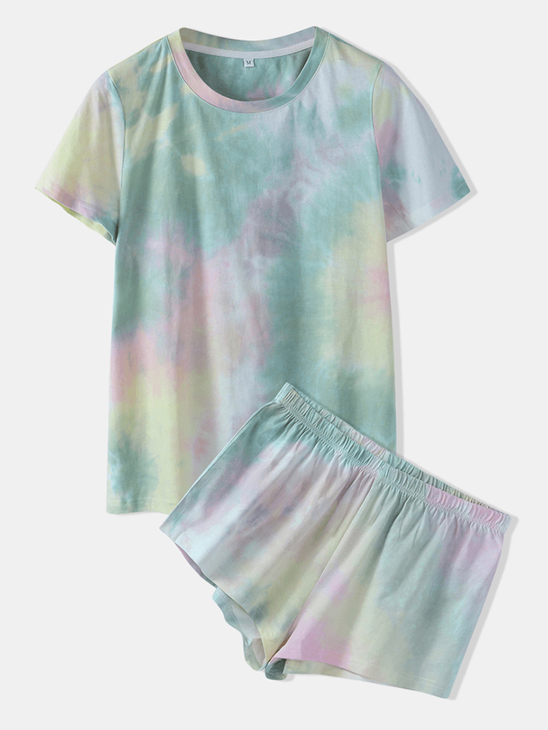 Women Tie Dye Pajamas Set Two Pieces Short Sleeve O-Neck Softies Summer Sleepwear - MRSLM