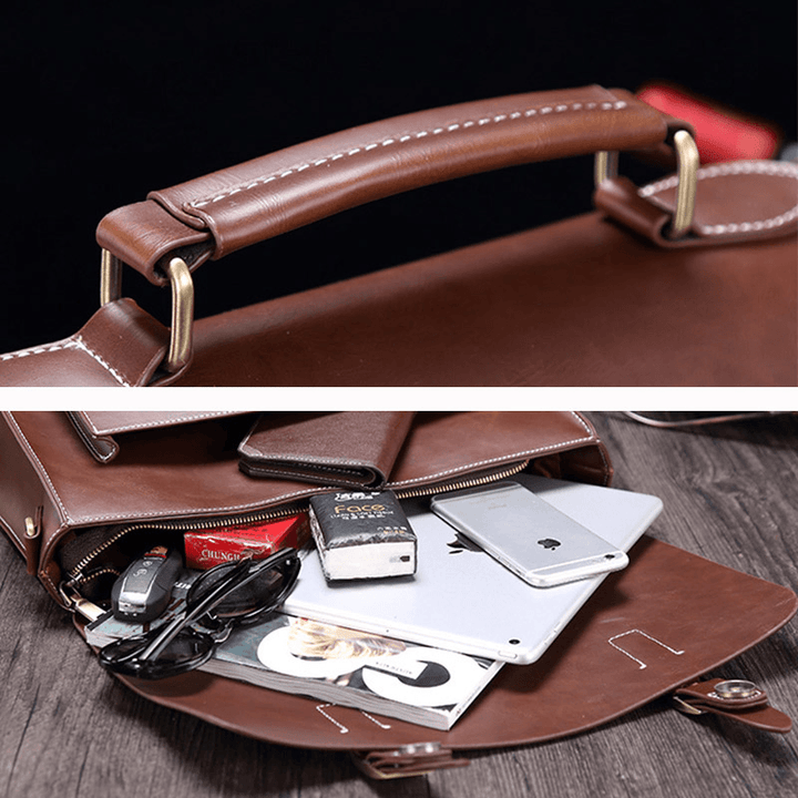 Men Vintage Waterproof Wear-Resistant Faux Laether Business Briefcase Crossbody Shoulder Bag - MRSLM