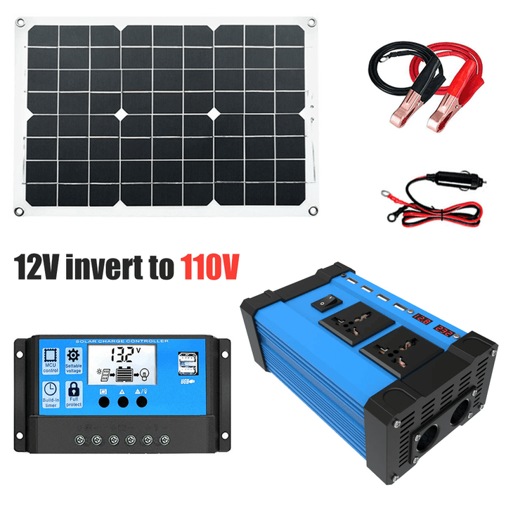 Solar Power System Set 18W Solar Panel 300W Power Inverter 30A Controller Kit Solar Panel Battery Charger - MRSLM