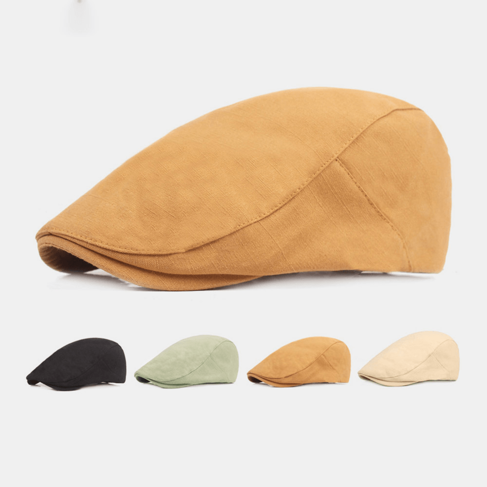 Men Cotton Beret Cap Solid Color Adjustable Casual Retro Sunshade Forward Cap Flat Hat - MRSLM