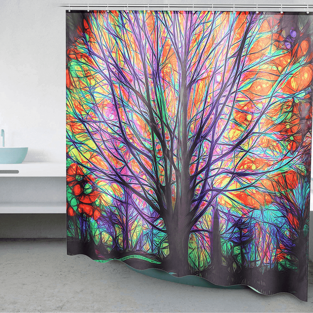 180X180Cm Colorful Tree Leaves Waterproof Bathroom Shower Curtain W/ 12 Hooks - MRSLM