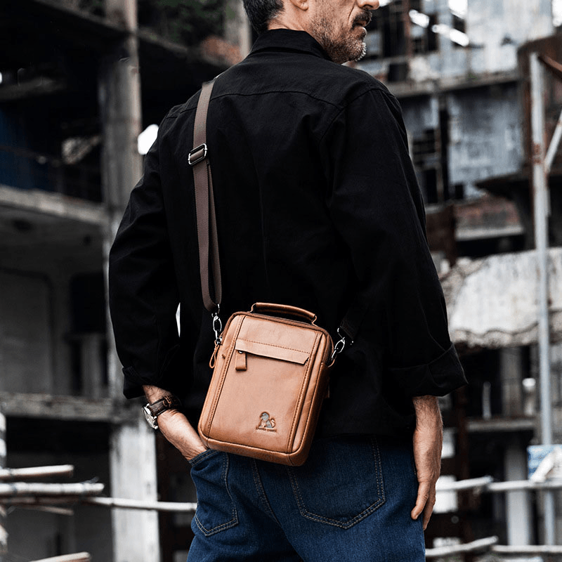 Men Genuine Leather Retro Business Small Cowhide Leather Shoulder Bag Crossbody Bag - MRSLM