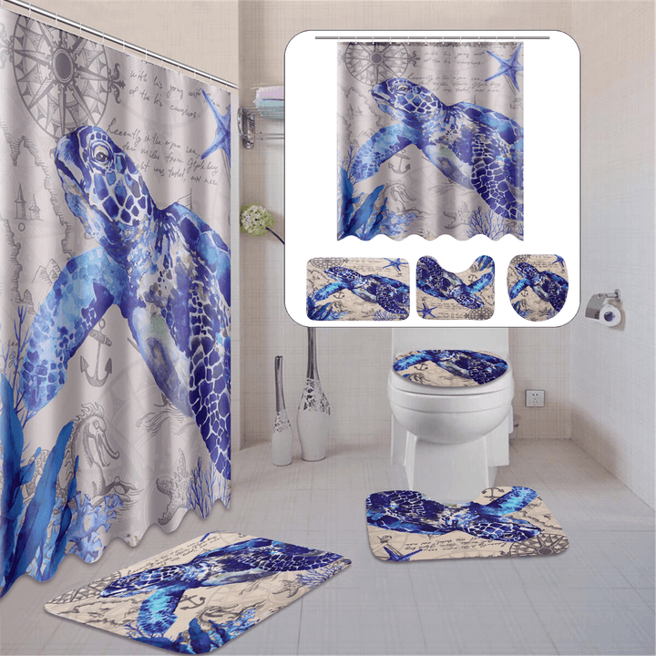 Bathroom Shower Curtain Sea Turtle Pedestal Rug Lid Toilet Cover Bath Mat Decor - MRSLM