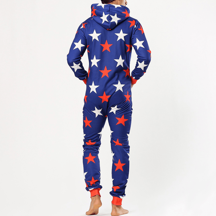 Men Funny Stars Printing Onesies Hooded Jumpsuit Loungewear Home Zip down Long Sleeve Pajamas - MRSLM