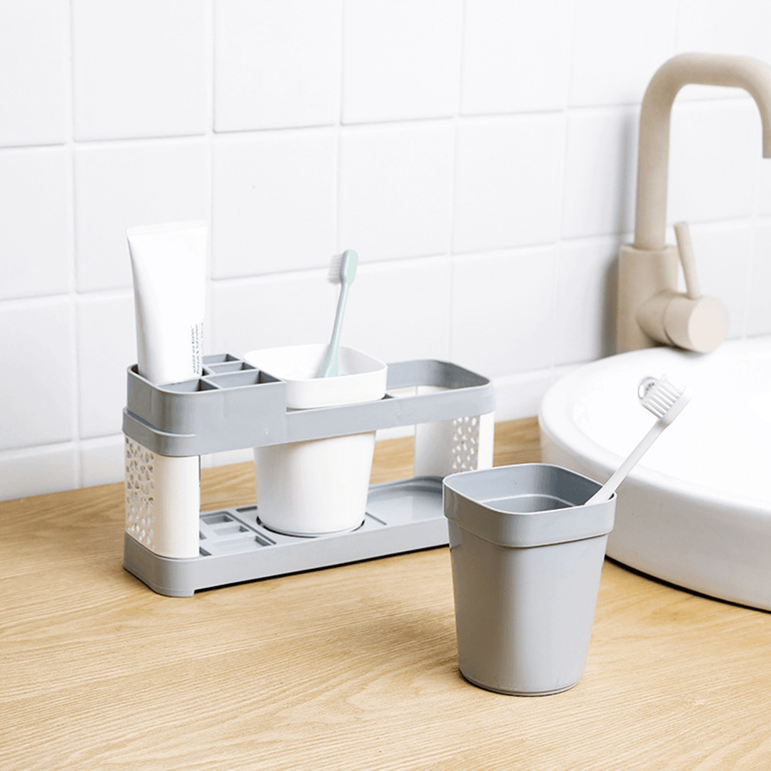 Toothbrush Holder Stand Plastic Cup Set Shelf Bathroom Toothpaste Storage Rack - MRSLM