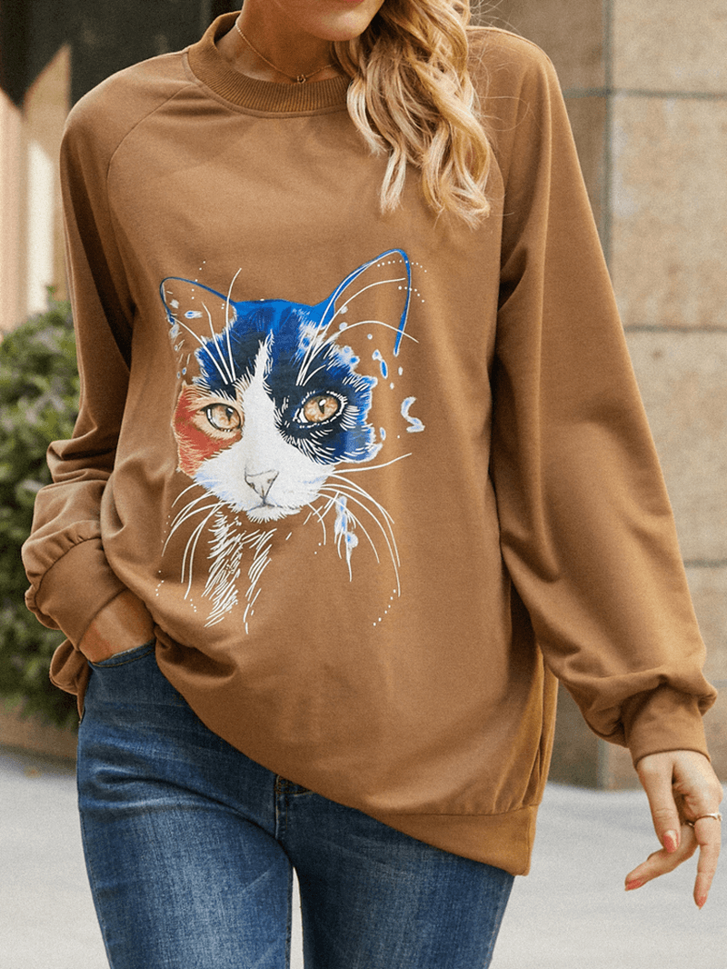 Women Cat Print Solid Color round Neck Casual Loose Pullover Sweatshirt - MRSLM