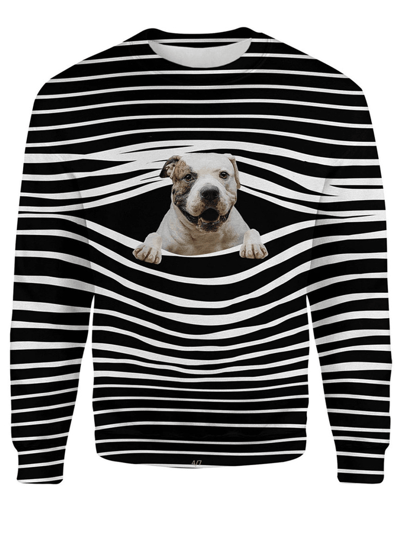 Women 3D Dog & Stripe Print O-Neck Pullover Casual Sweatshirts - MRSLM