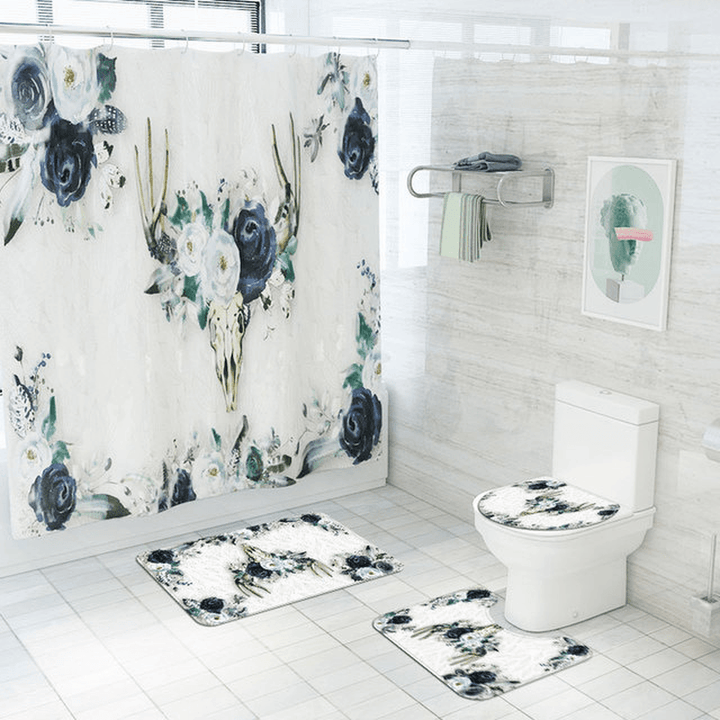 Elk Flower Printing Shower Curtain Floor Mat Four-Piece Combination Bathroom Mat Set - MRSLM