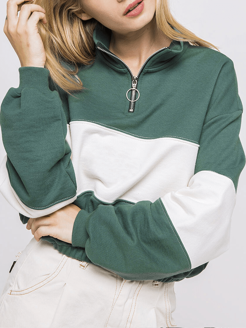 Women Patchwork Pullover Half Zipper Front Long Sleeve Hoodies - MRSLM