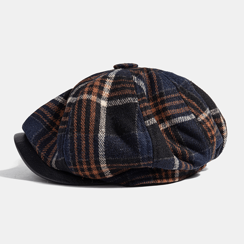 Collrown Men Casual Personality Plaid Pattern Newsboy Hat Octagonal Cap Beret Hat - MRSLM