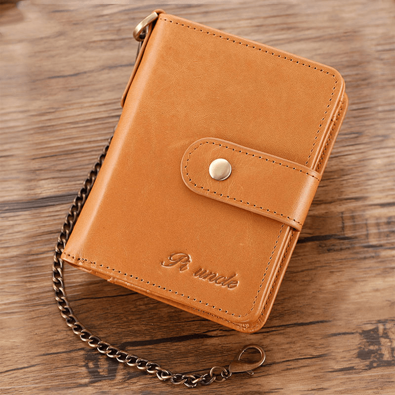 Men Genuine Leather Multi-Card Slot Anti-Theft RFID Card Holder Zipper Chain Wallet - MRSLM