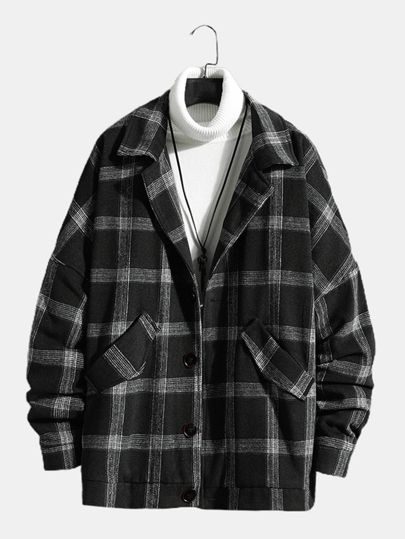 Mens Vintage Plaid Warm Lamb Wool Lined Lapel Pocket Jacket - MRSLM