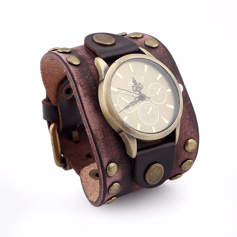 Fashion Punk Vintage Genuine Leather Men Quartz Watch Bracelet Watch - MRSLM