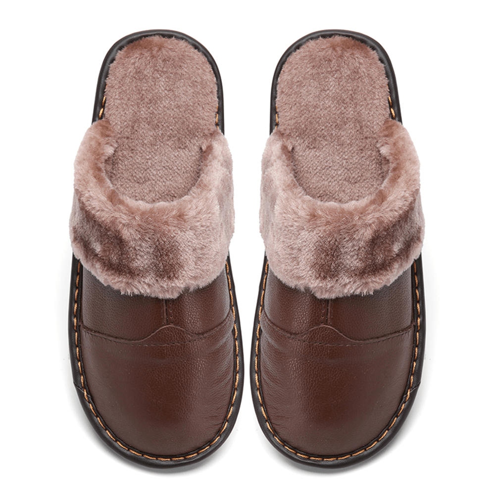 Men First Layer Cowhide Non-Slip Warmeh round Toe Slip-On Comfy Cotton Slippers - MRSLM