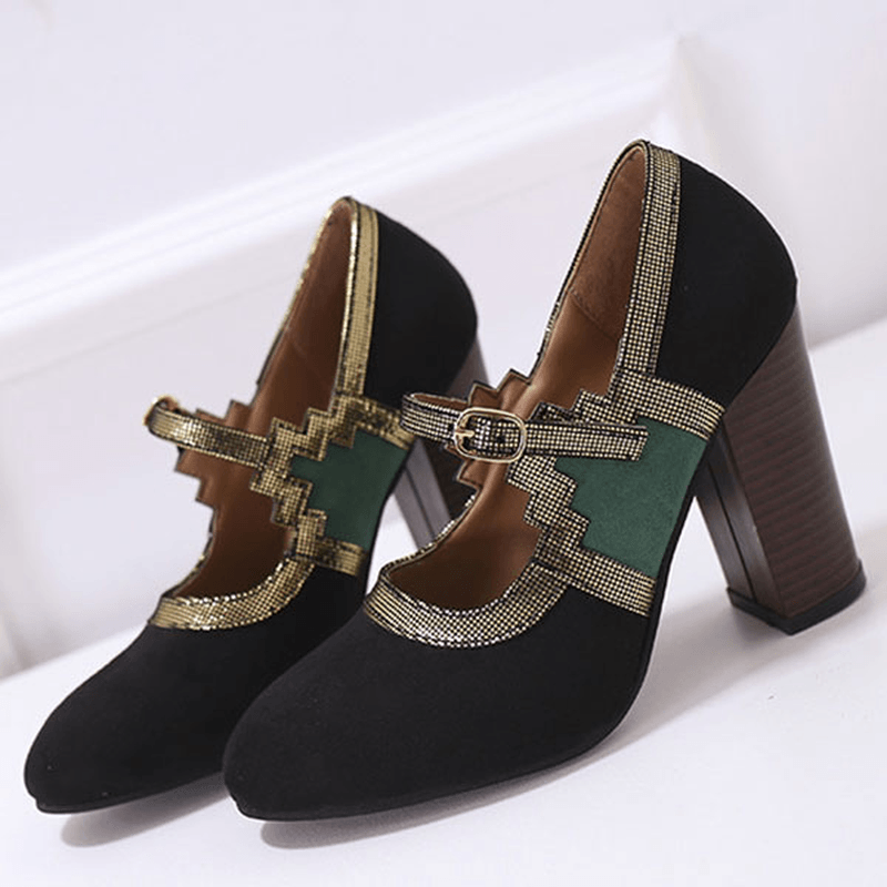 Women plus Size Stitching Chunky Heel Pumps - MRSLM