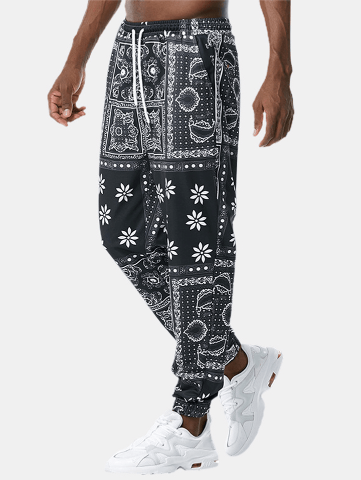 Mens Paisley Print Ethnic Style Drawstring Jogger Pants with Pocket - MRSLM