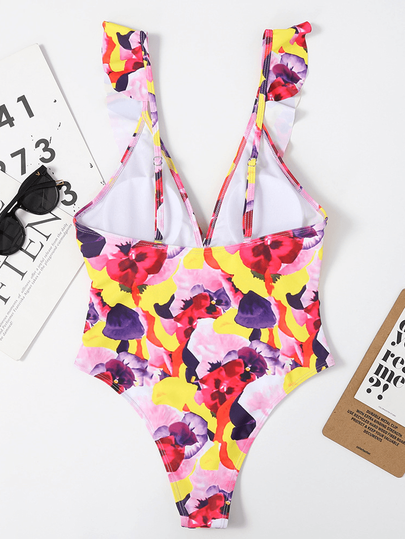 Women Floral Print Ruffle Strap Criss-Cross Breathable One Piece Swimwear - MRSLM