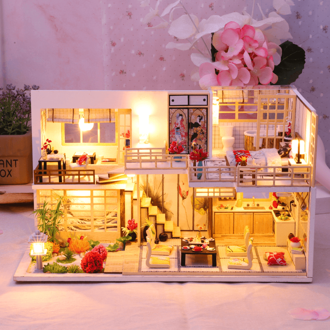 Wooden Crafts DIY Handmade Assembly 3D Doll House Miniature Furniture Kit with LED Light Toy for Kids Birthday Gift Home Decoration - MRSLM