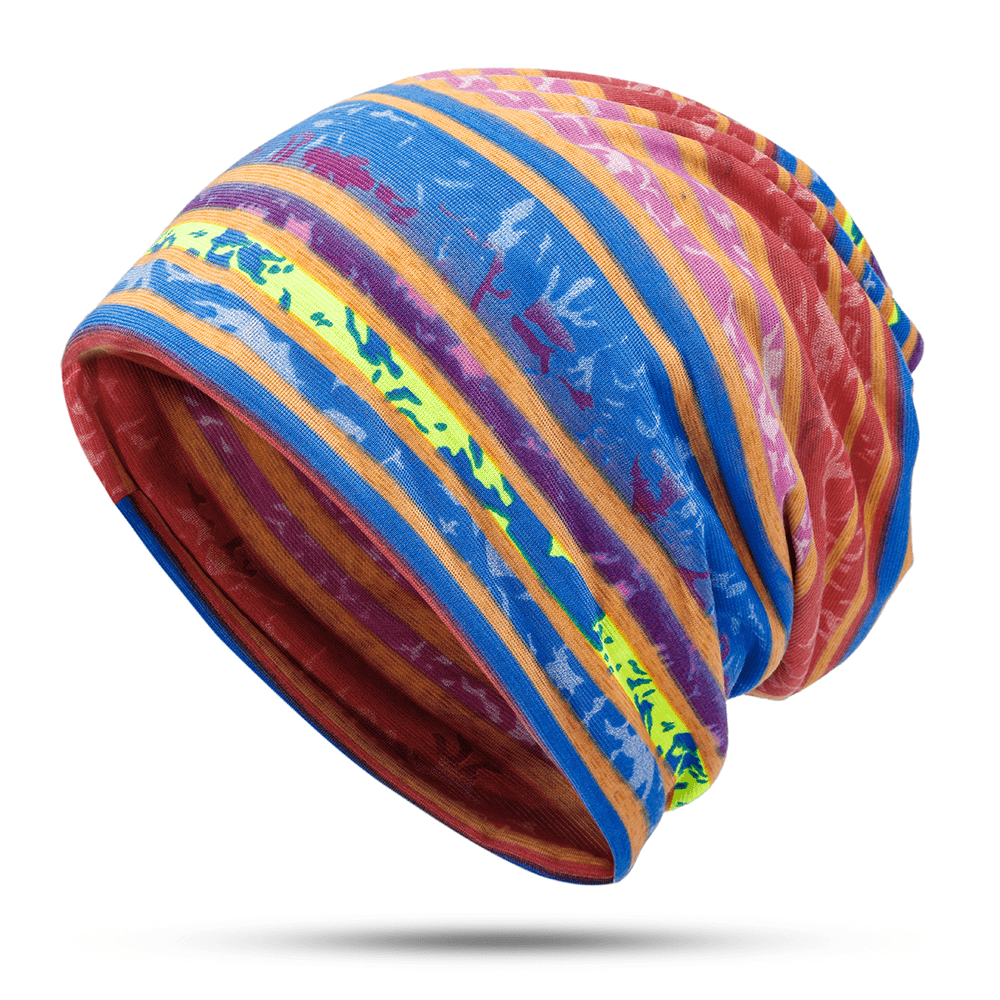 Women Cotton Earmuffs Rainbow Stripe Beanie Hat Scarf - MRSLM