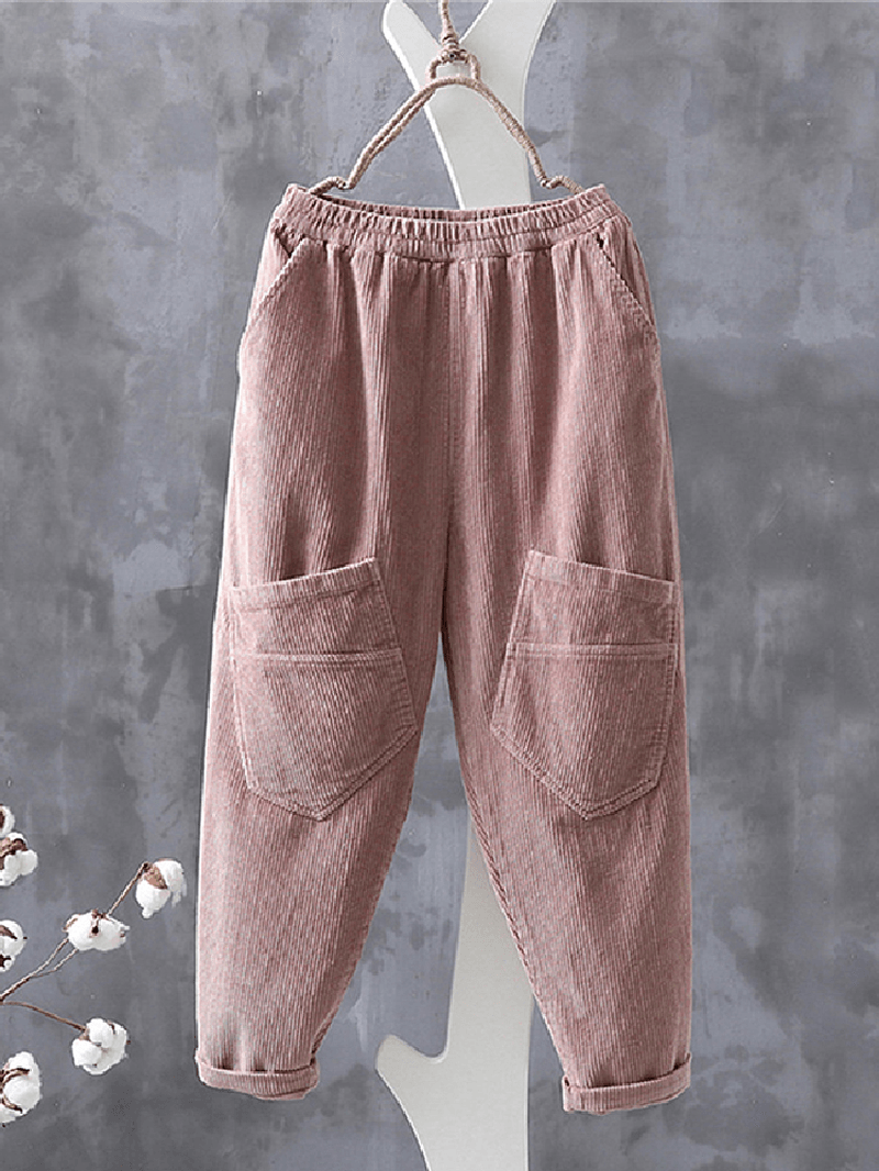 Women Corduroy Cargo Style Elastic Waist Pants with Multi Pocket - MRSLM