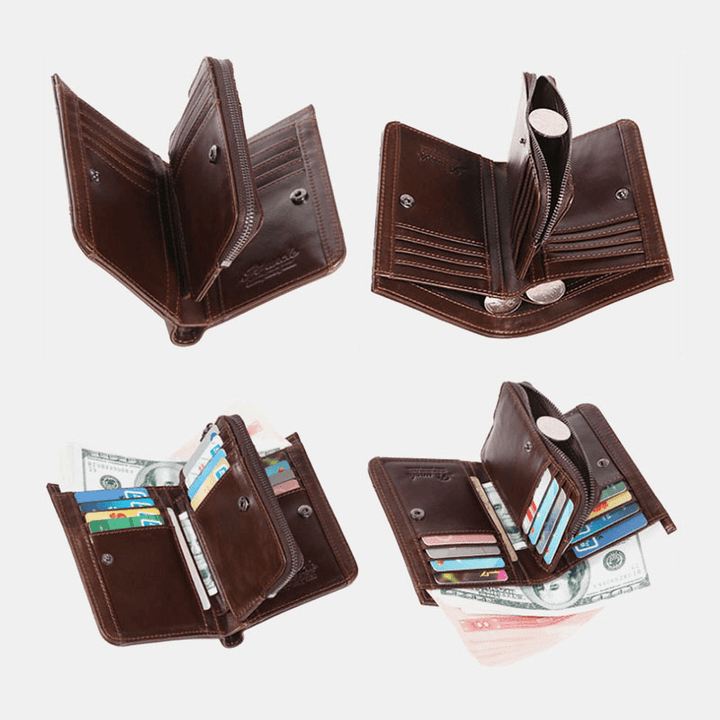 Men Genuine Leather RFID Blocking 20 Card Slots Bifold Wallet Purse Zipper Coin Bag - MRSLM