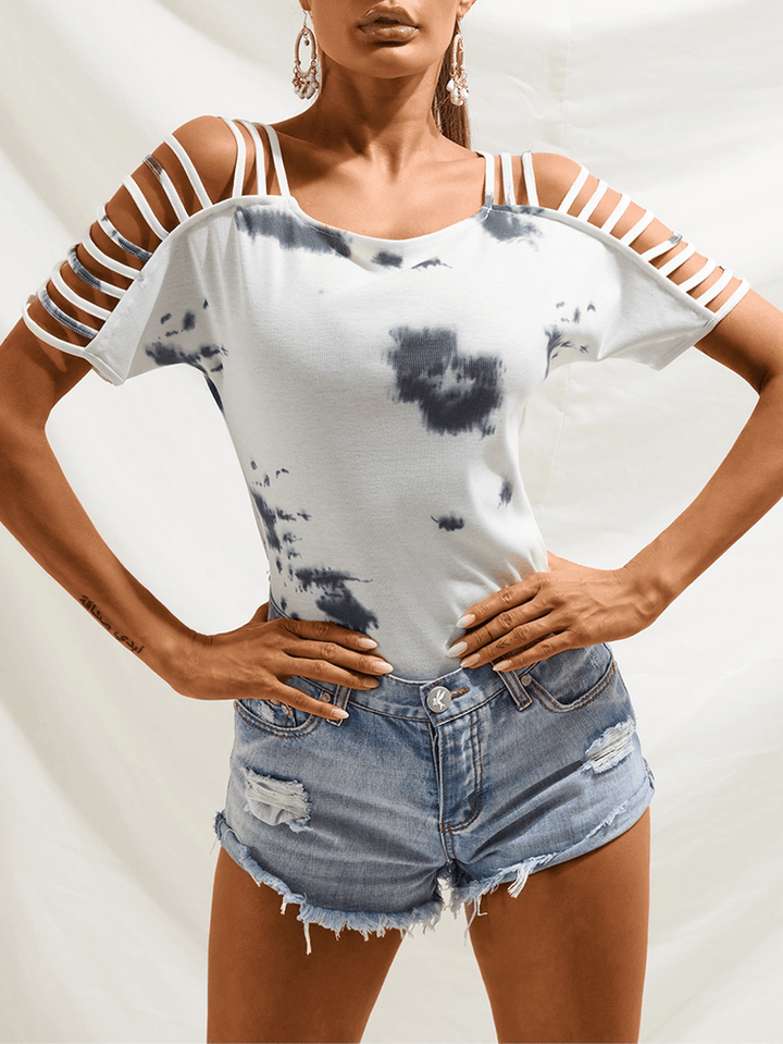 White Tie-Dye Print off Shoulder Casual T-Shirts - MRSLM