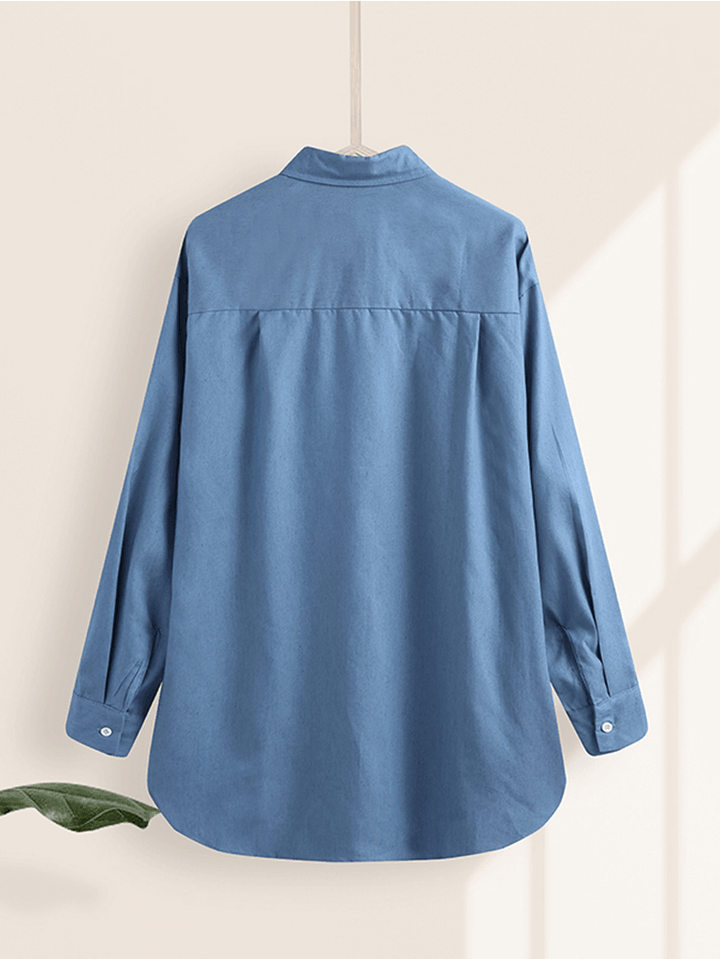 Women Solid Color Turn-Down Collar Blouse Irregular Hem Chest Pocket Splited Denim Shirts - MRSLM