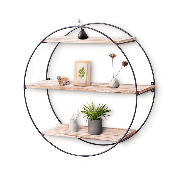 Round Wall Unit Retro Industrial Style Wood Metal Wall Shelf Rack Book Shelf Storage Rack - MRSLM