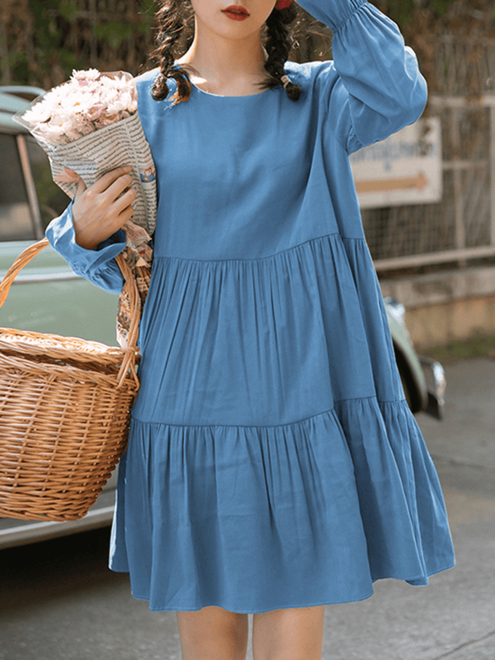 Women Cotton Solid Color Pleats O-Neck Long Sleeve Casual Dress - MRSLM