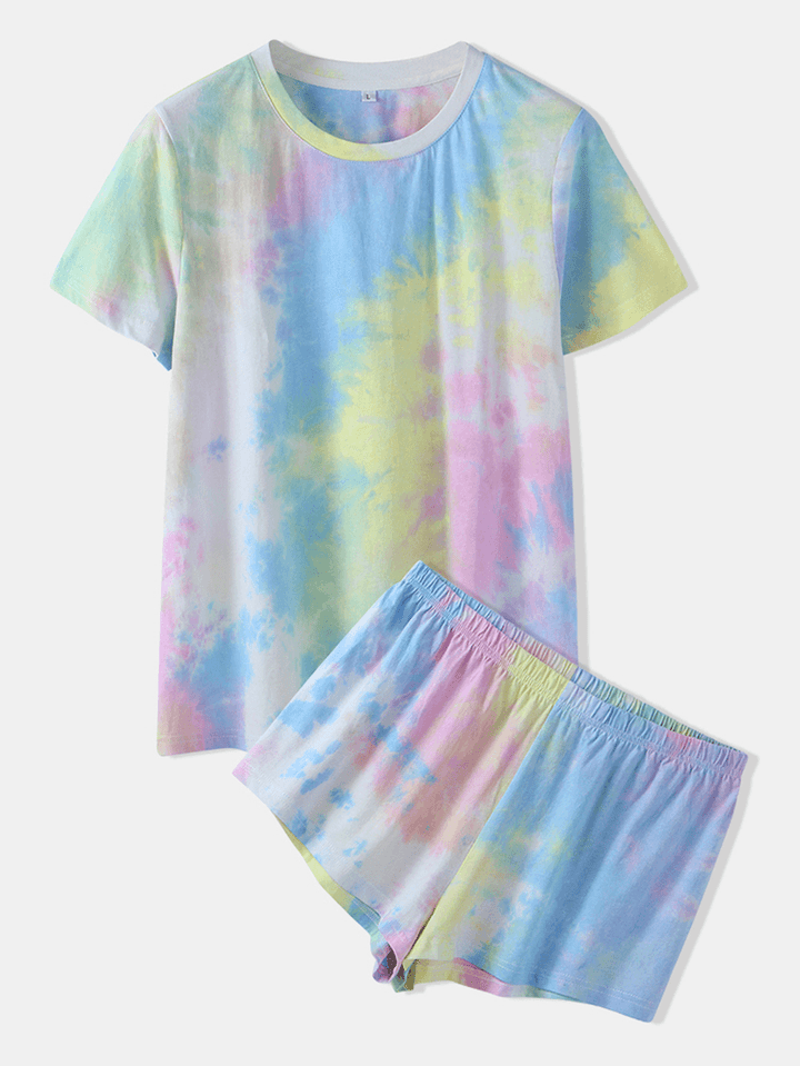 Women Tie Dye Pajamas Set Two Pieces Short Sleeve O-Neck Softies Summer Sleepwear - MRSLM