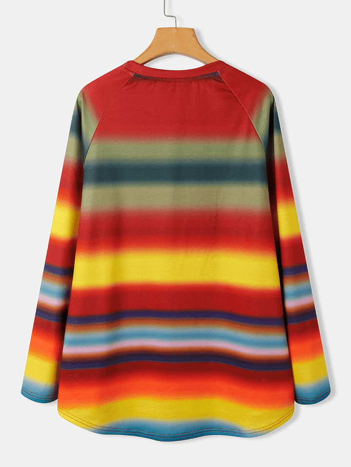 Women Multi Color Ombre Striped O-Neck Raglan Sleeve Casual Sweatshirts - MRSLM