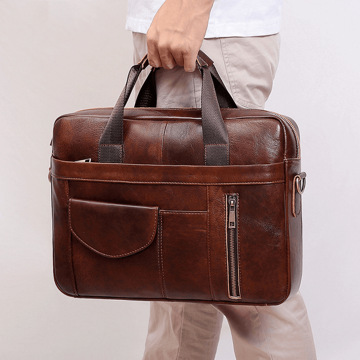 Men Multifunction Genuine Leather 15.6 Inch Laptop Bag Briefcases Retro Multi-Pocket Crossbody Bag Shoulder Bag - MRSLM