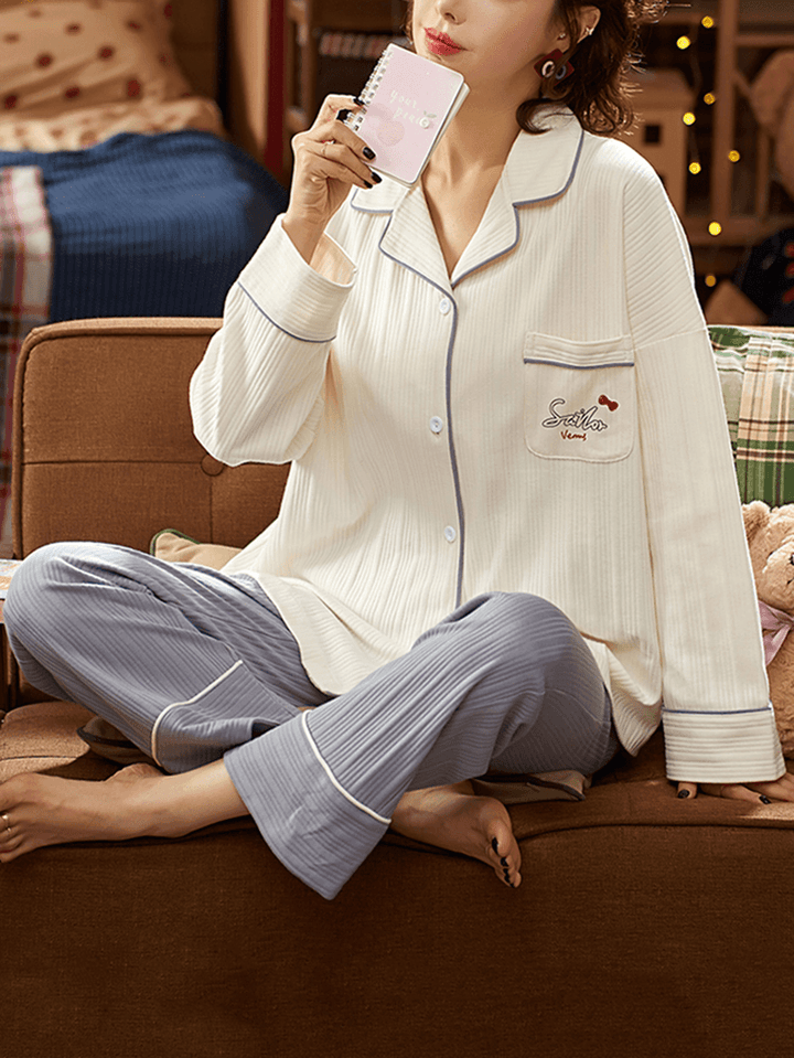 Women Ribbed Letter Print Revere Collar Shirt Elastic Waist Pants Home Cotton Pajama Set - MRSLM