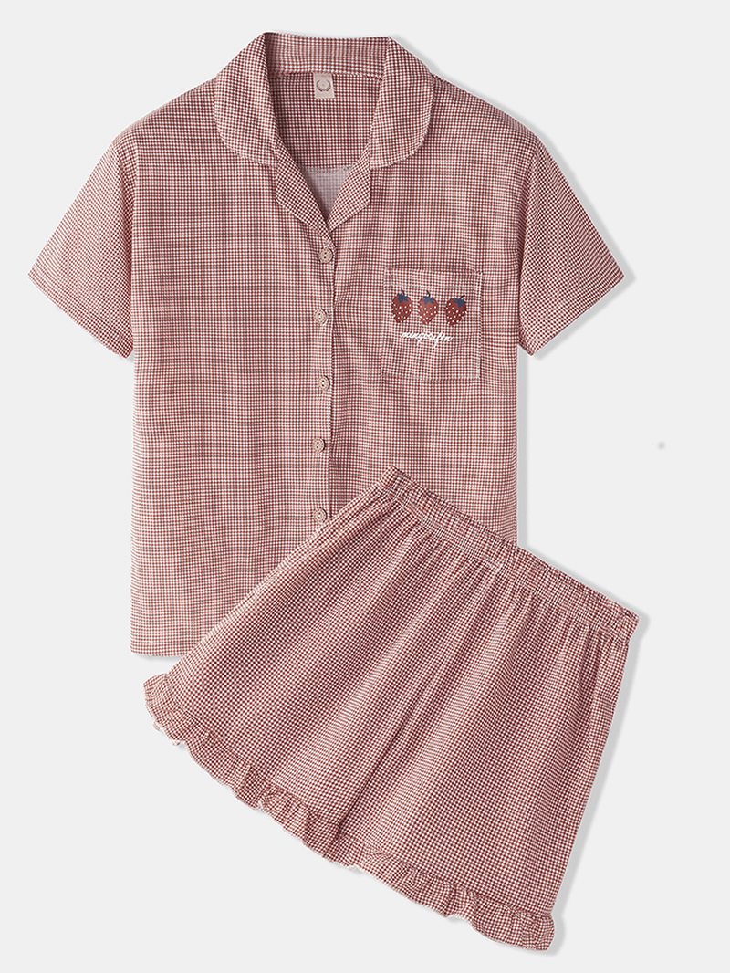 Women Houndstooth Strawberry Print Revere Collar Button up Home Pajama Set - MRSLM