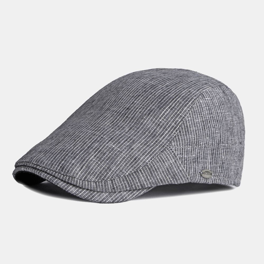 Men Cotton Linen Pinstripe Beret Cap British Retro Metal Label Adjustable Casual Flat Cap - MRSLM